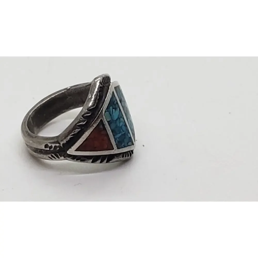 Vintage Native American Navajo Turquoise Coral Inlay Sterling Silver Ring 5.75